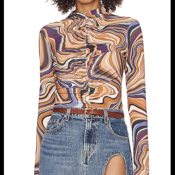 Bailey 44 Vanity Swirl Print Round Neck Mesh Overlay Ruched Center Multi L NWT - Picture 4 of 14